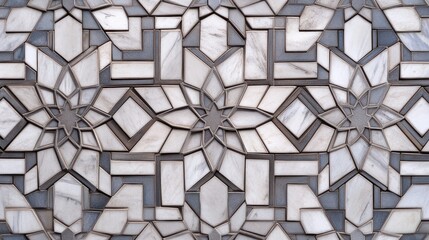 Intricate marble mosaic tile pattern with geometric shapes and floral designs.