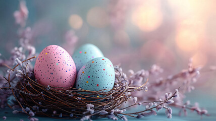 Obraz premium Easter composition with colored pastel Easter eggs in nest from willow branches on a pastel lilac background.