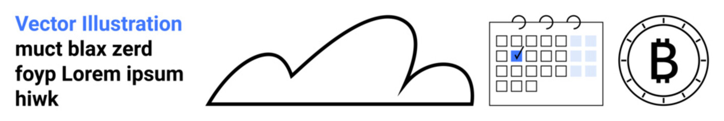 Cloud icon, calendar with a checked date, cryptocurrency symbol, and lorem ipsum text. Ideal for tech integration, time management, blockchain, digital finance, productivity, and web services