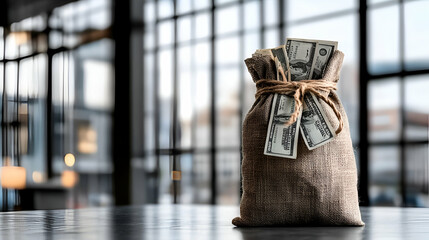 Obraz premium Burlap Sack Filled with Cash, Financial Security & Wealth