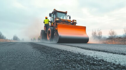 Fototapeta premium Construction worker operating a road roller during asphalt paving in a rural area, under cloudy skies.