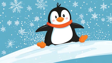 2D cartoon of a cute penguin sliding down an icy hill.--ar 16:9