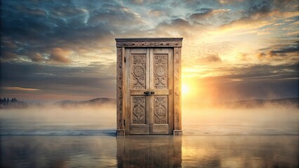 Ornate Wooden Doorway at Sunrise Over Misty Water