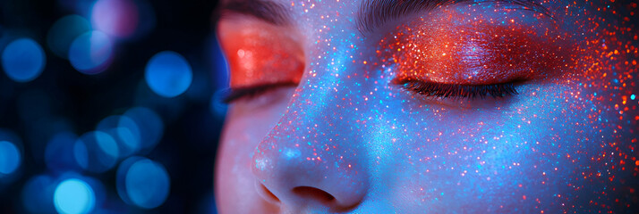 Glimmering Face, Eyes Closed, Sparkly Makeup, Blue and Red Glitter, Festive, Cosmic Night