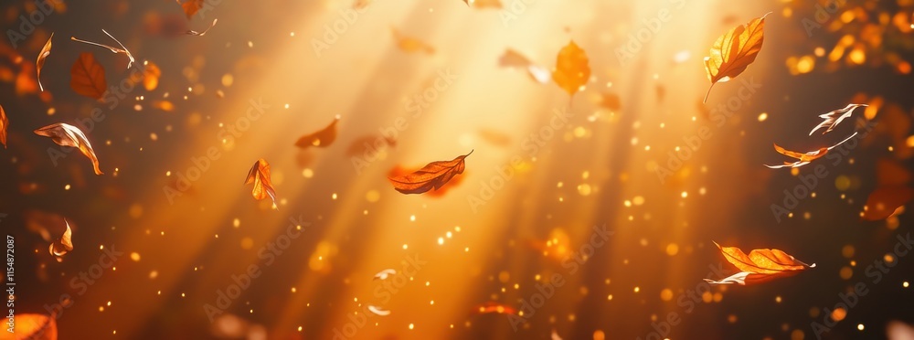 Poster beautiful autumn leaves floating gracefully in soft golden light with sparkling dust, creating a dre