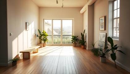 Obraz premium Empty room of modern contemporary loft with plants on wooden floor. Generative AI 
