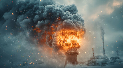 Industrial Inferno, Fiery Catastrophe Engulfs Factory in Winter, Spewing Smoke and Embers.