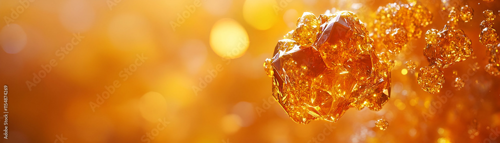 Poster amber liquid clusters glimmering, shimmering in golden light. abstract shapes float serenely, creati