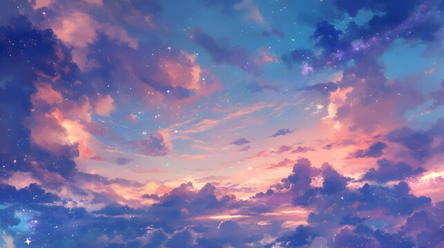 Fantasy anime sky with clouds and stars, ethereal colors and calm scene