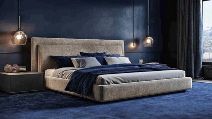 Luxurious bedroom with beige upholstered bed, navy blue walls, and carpet.