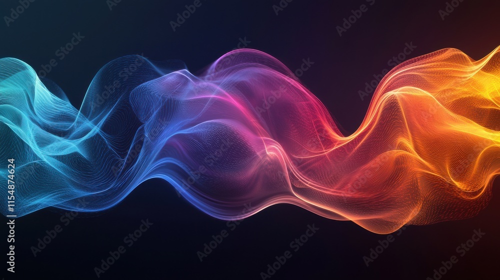 Poster abstract wave art concept, a vibrant wave of colorful light patterns flows across a dark background,