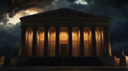 Obraz premium Dramatic courthouse exterior featuring towering stone columns and grand architecture, symbolizing justice, authority, and the importance of legal proceedings in society