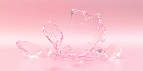 Obraz premium Shattered Glass on Pink Background, A Study in Fragility, Delicate Crystal Shards Scattered on Soft Surface, Abstract Image of Broken Pieces