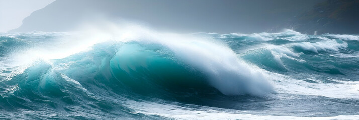 Fototapeta premium Ocean Wave Power, Turquoise Waters Crashing Against Rocky Coastline, Majestically Creating a Breathtaking Scene