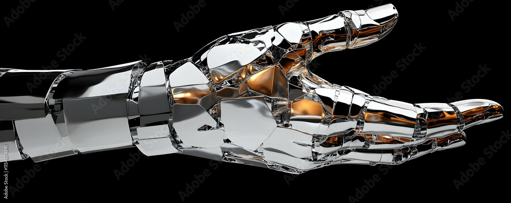 Poster shattered chrome robotic hand gesturing: a metallic appendage extends, displaying fractured segments