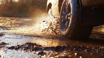 Car Tire Splashing Water on Muddy Ground at Sunrise