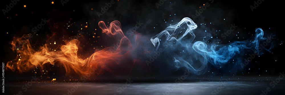 Poster fiery & icy clouds clashing, dramatic abstract art: dynamic energy swirls collide powerfully above a