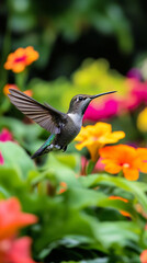Hummingbird in Flight, Vibrant Garden, Green Feathers, Colorful Flowers, Nature Photography
