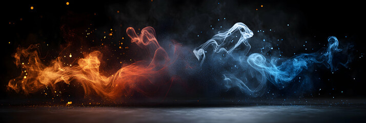 Fiery & Icy Clouds Clashing, Dramatic Abstract Art: Dynamic energy swirls collide powerfully above a dark floor, creating a mesmerizing visual spectacle.