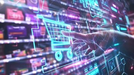 Fototapeta premium Hand interacting with holographic shopping cart interface over supermarket shelves.