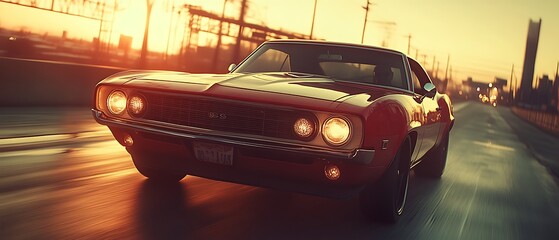 Classic red muscle car driving at sunset.