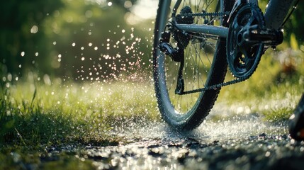 Obraz premium Water Splashing from Bicycle Tire on Fresh Green Pathway in Nature
