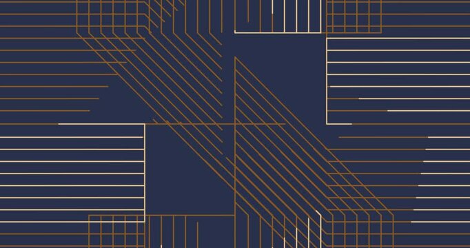Abstract geometric pattern, navy blue and gold lines.