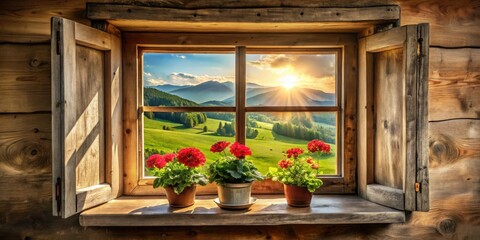 Rustic wooden window with open shutters showcasing a vibrant sunset over rolling hills and three potted flowering plants on the sill