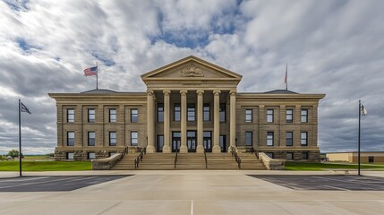 Obraz premium Dramatic courthouse exterior featuring towering stone columns and grand architecture, symbolizing justice, authority, and the importance of legal proceedings in society