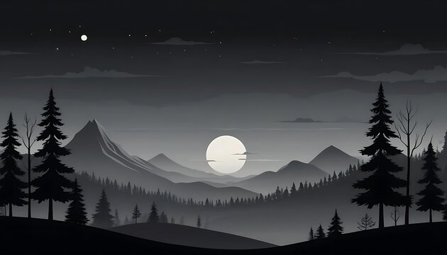 Monochromatic Mountain Landscape Night Scene Full Moon Silhouette Trees