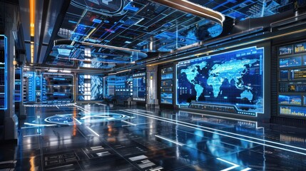 Fototapeta premium Futuristic digital command center interior with holographic displays and world map.