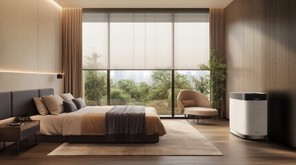 Modern Bedroom with Smart Window Treatment and Air Purifier