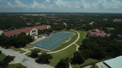 University campus featuring modern athletic facilities, symbolizing the balance between academic excellence and physical well-being, fostering a holistic educational environment