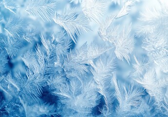 Obraz premium Beautiful frost patterns on a cold winter surface creating an intricate display of nature's artistry in delicate blue and white hues, evoking a serene atmosphere