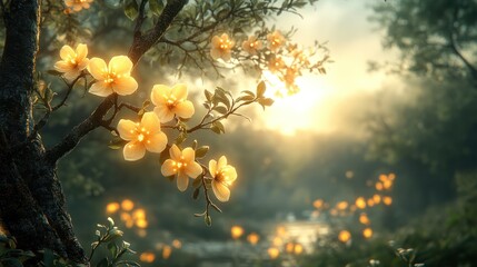 Serene landscape with glowing flowers at sunset.