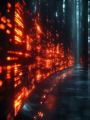 Obraz premium Glowing digital data stream in dark space.