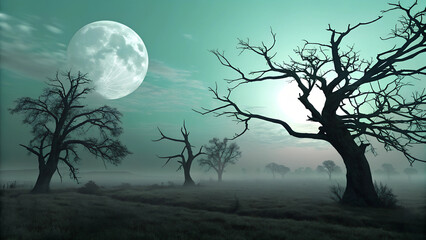 Eerie moonlit landscape, bare twisted trees, silhouettes, teal green sky, full moon, misty atmosphere