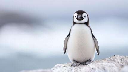 Obraz premium A Curious Penguin Chick: A young penguin chick stands on a snowy landscape, gazing inquisitively at the camera with a playful charm, capturing the innocence and wonder of wildlife.