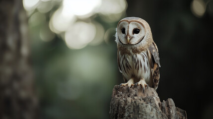 Obraz premium Barn Owl Perched on Stump: A captivating portrait of a barn owl perched on a weathered stump, its piercing gaze and intricate plumage making it a symbol of wisdom and tranquility in the forest. 
