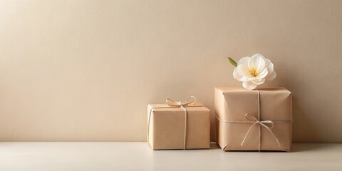 Simple gifts wrapped in kraft paper and tied with twine, adorned with a delicate white blossom against a neutral backdrop.