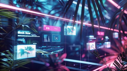 A futuristic travel brochure for a VR vacation, showing social media icons, comments, and a "Book Now" button for easy access