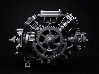Powerful Black Engine Industrial Machinery Gear Metal Parts Closeup
