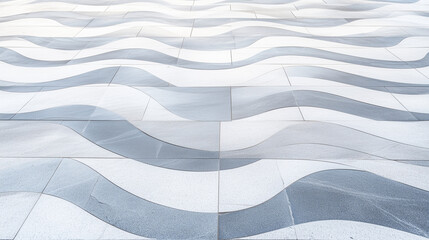 Flowing Pavement: Abstract design of a wavy, undulating walkway with alternating grey and white tiles, creating a dynamic and modern architectural feature.  