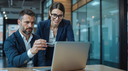 Two business professionals collaborating over a laptop in a modern office. Ideal for corporate presentations, teamwork concepts, and business marketing materials, copy space, blank