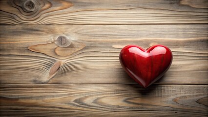 Fototapeta premium A Polished Red Heart Rests on Rustic Wooden Planks