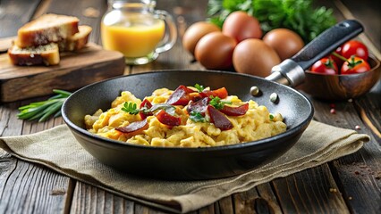 Scrumptious Scrambled Eggs with Roasted Red Pepper Garnish in a Rustic Pan