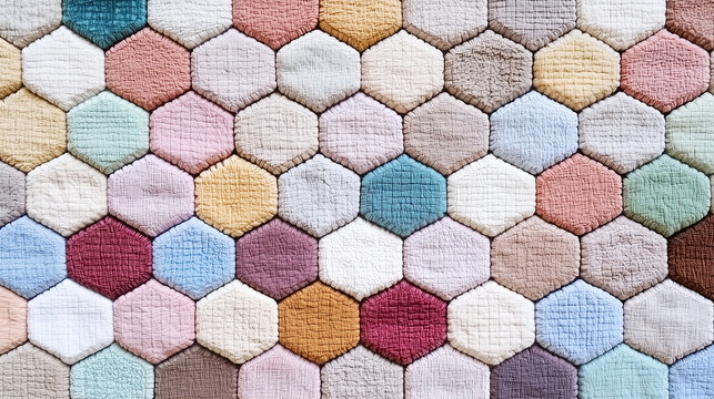 Pastel Hexagon Mosaic: A captivating close-up of a textile patchwork featuring a vibrant array of pastel hexagon shapes.  The image showcases a unique design with soft color transitions. - Powered by Adobe