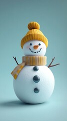 Cheerful Snowman with Yellow Hat and Scarf on Light Background