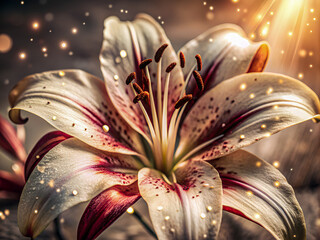 Stunning closeup of a vibrant lily flower with gold dust. Nature plant background