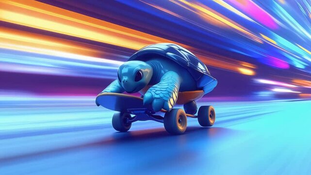 High-Speed Cartoon Skateboarding Turtle , Neon Cityscape, Colorful Light Effects, Fast Motion, Neon Light Trails, Futuristic, Speed and Fun.Technology, Internet, Speed, Innovation, and Digital Era.